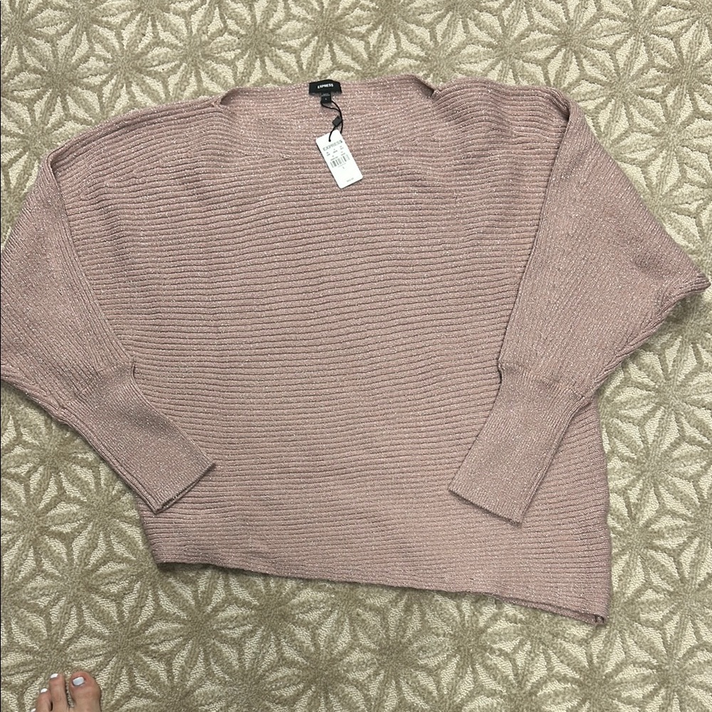 Express Pink Off-the-Shoulder Sweater with Ribbed Texture